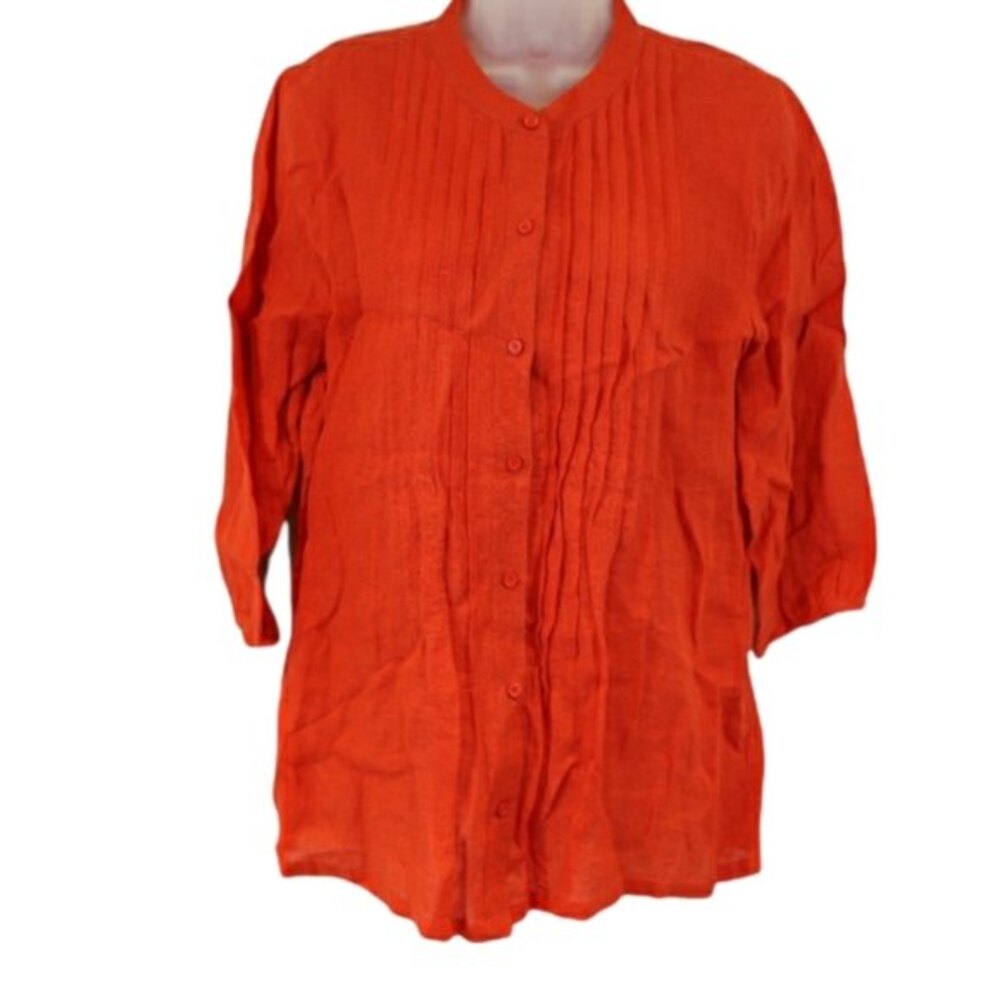 Tommy Bahama Small Orange Linen Blouse 3/4 Sleeve Pleated Button Up Top